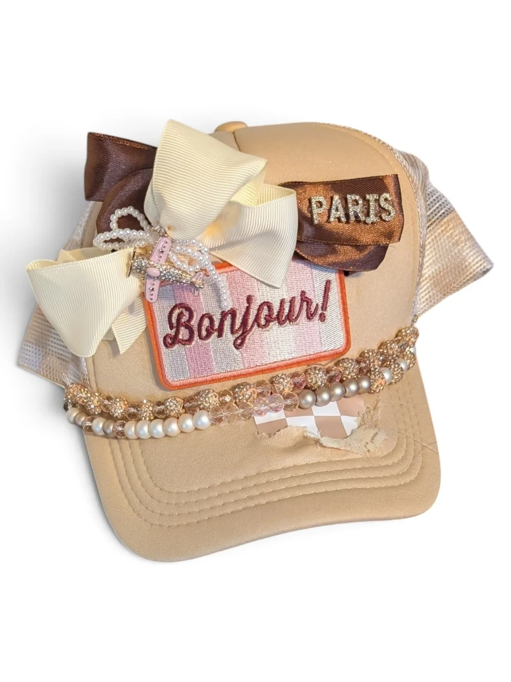 Bonjour! Embellished Beige  Cap with Bows and Pearls